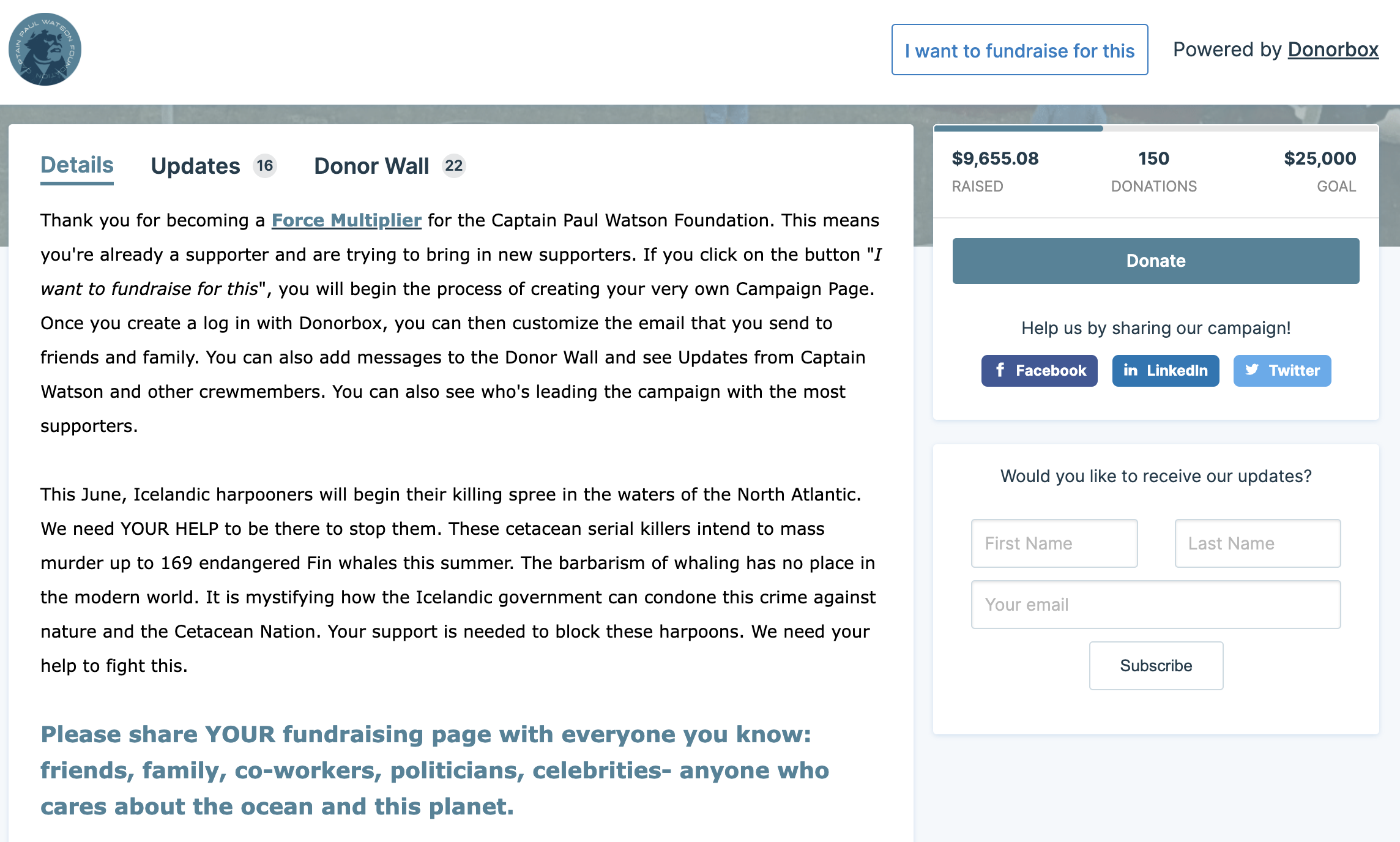 Screenshot of an organization's Donorbox Peer-to-Peer campaign. 
